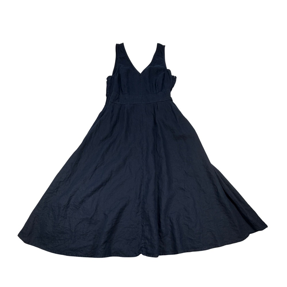 Nicole Miller New York Linen Midi Dress Navy Blue Smocked Back Pockets 14 Flowy